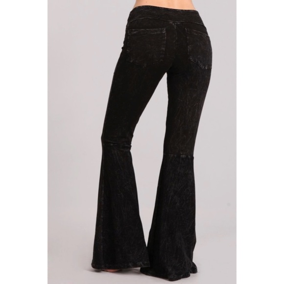 Pants - SOLD OUT Black Mineral Wash French Terry Flared Bell Bottom Pull On Pants